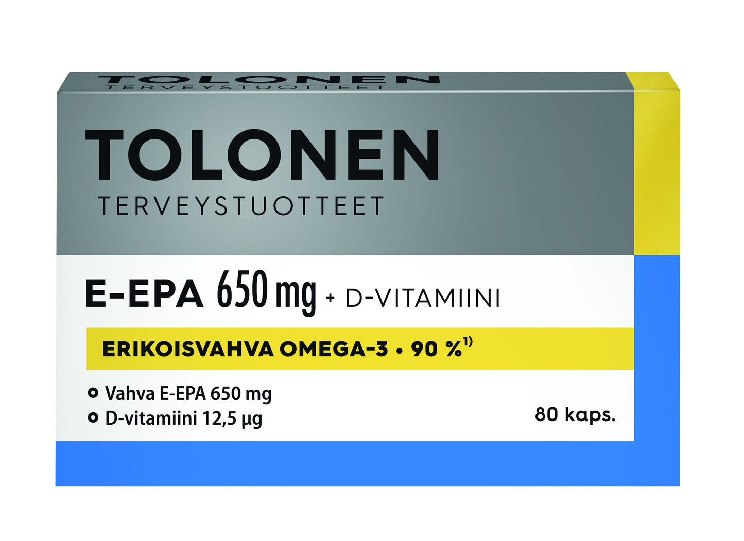 A box of Dr. Tolonen E-EPA 650 mg, an omega-3 supplement with a blue, grey, and yellow design. It features Erikoisvahva Omega-3 - 90% Ethyl-EPA fish oil and contains 80 capsules. Brand: Dr. Tolonen.