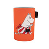 The Emendo Moomin Cooler Moominmamma is an orange neoprene cup sleeve featuring Moominmamma in a red and white striped apron with a black purse, plus a small black tag on the right side.