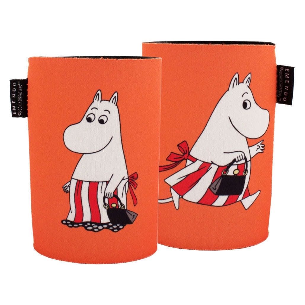 Set of two orange Emendo Moomin Cooler Moominmamma neoprene can coolers, each showing the hippo-like Moominmamma in a red and white striped apron with a black handbag—one walking, one running.