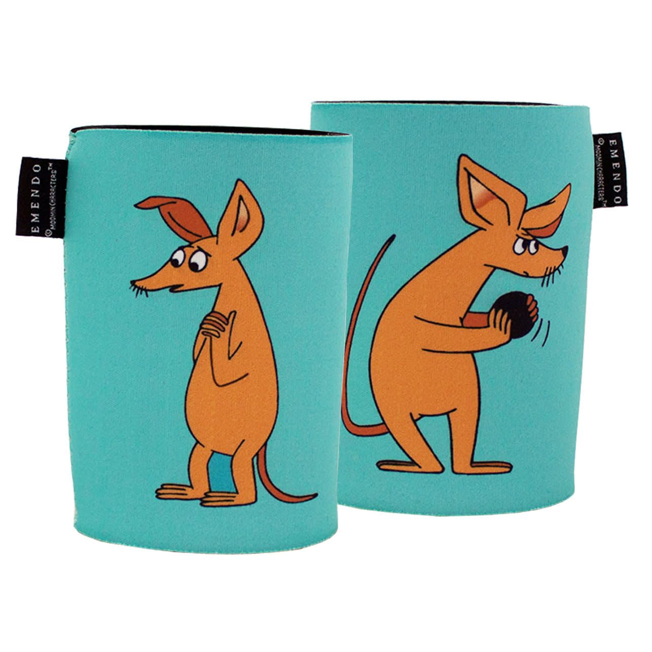 Two turquoise Emendo Moomin Cooler Sniff neoprene drink coolers show an orange cartoon kangaroo—one standing, one holding a black ball. Each has a black ENENDO label, making a charming addition to your collection.