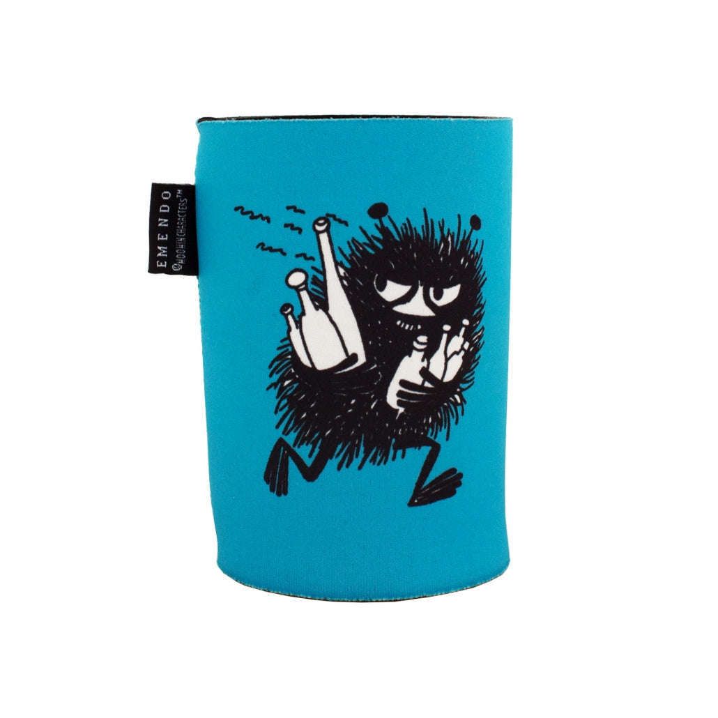 The Emendo Moomin Cooler Stinky by Emendo is a blue neoprene cylinder with a mischievous cartoon black fuzzy creature in glasses showing both middle fingers, plus a side black tag with white text.