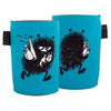Two blue Emendo Moomin Cooler Stinky neoprene sleeves featuring Stinky, a black, hairy cartoon creature with antennae and arms holding white bottles and sporting a mischievous grin. Emendo brand tag visible on the side.