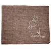 The Emendo Moomin Seat Cover by Emendo is a brown woven linen sauna accessory featuring a white outline of the beloved hippo-like Moomin character near the bottom right corner—a charming Nordic touch for your sauna.