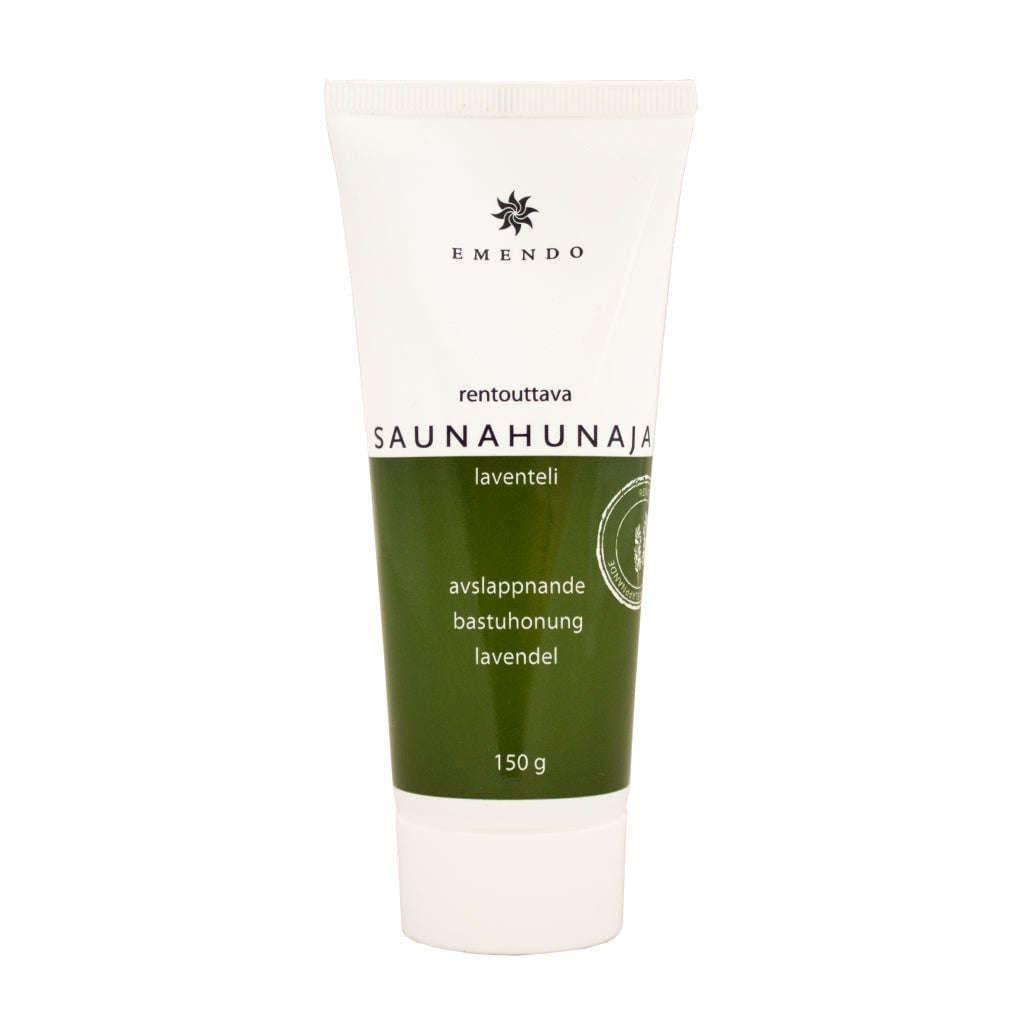 A white and green tube labeled Emendo Relaxing Sauna Honey, 150g, with Finnish and Swedish text on the front. Contains moisturizing essential oils for a soothing sauna experience. Brand: Emendo.