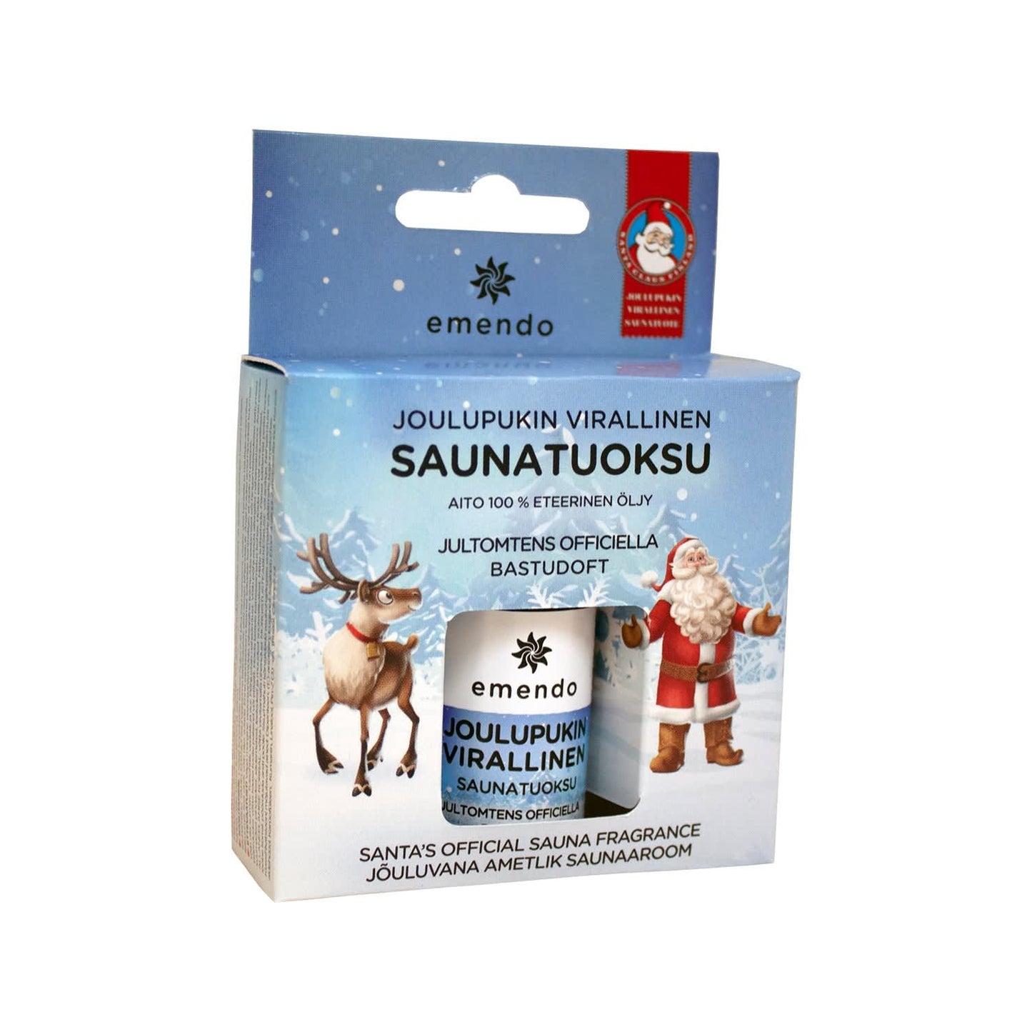 Emendo Santa's Official Sauna Fragrance comes in festive packaging with Santa, a reindeer, and snowy trees. Featuring pure essential oils and text in Finnish, Swedish, and English—it's the perfect Emendo sauna gift for the holidays.