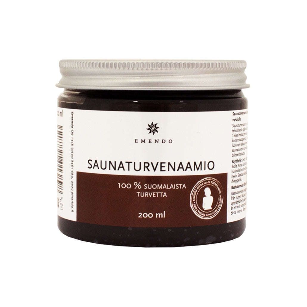 The Emendo Sauna Peat Mask, a 200 ml jar for face and body, features Finnish peat, a white and brown label, a silver lid, and is made by Emendo.