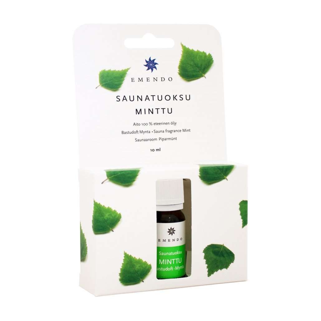 A 10ml Emendo Sauna Fragrance Mint bottle is shown in white packaging with green leaves and Finnish text. This Emendo aroma blends eucalyptus and peppermint, creating a refreshing scent for your sauna experience.