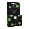 Emendo Sauna Fragrance Salmiac comes in a small bottle inside a black box with green leaf patterns and white text. Infused with Nordic licorice, this Emendo product captures the bold aroma of salmiac, and the partially open box reveals the bottle inside.