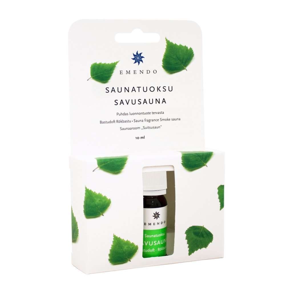 Emendo Sauna Fragrance Smoke Sauna, a 10 ml bottle, comes in a white box with green birch leaf design and Finnish text. This subtle pine tar scent captures the traditional Finnish sauna experience. Labeled SAUNATUOKSU SAVUSAUNA.