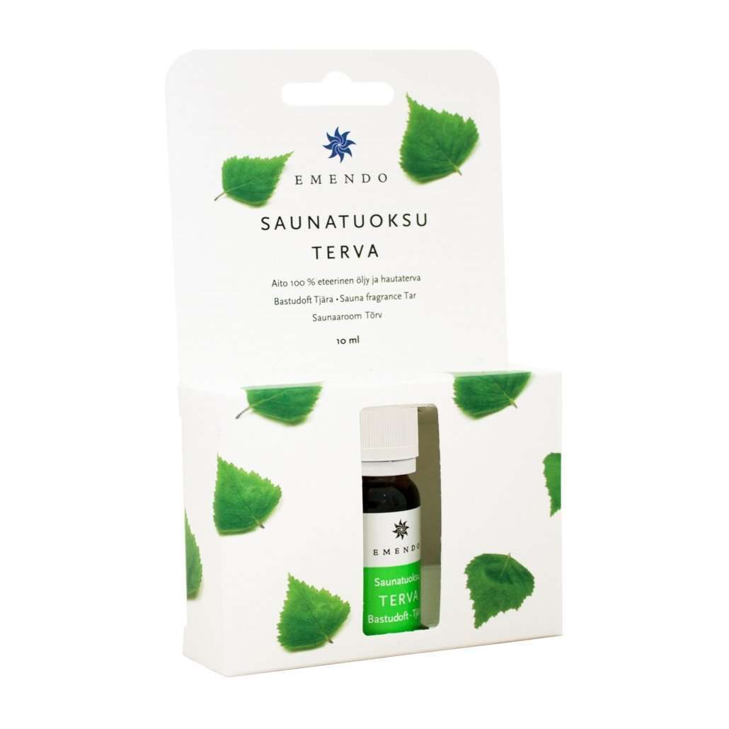 A compact Emendo Sauna Fragrance Tar bottle features white and green packaging with birch leaves and a cut-out window revealing the pine tar-scented Emendo bottle—perfect for infusing your Finnish sauna experience.