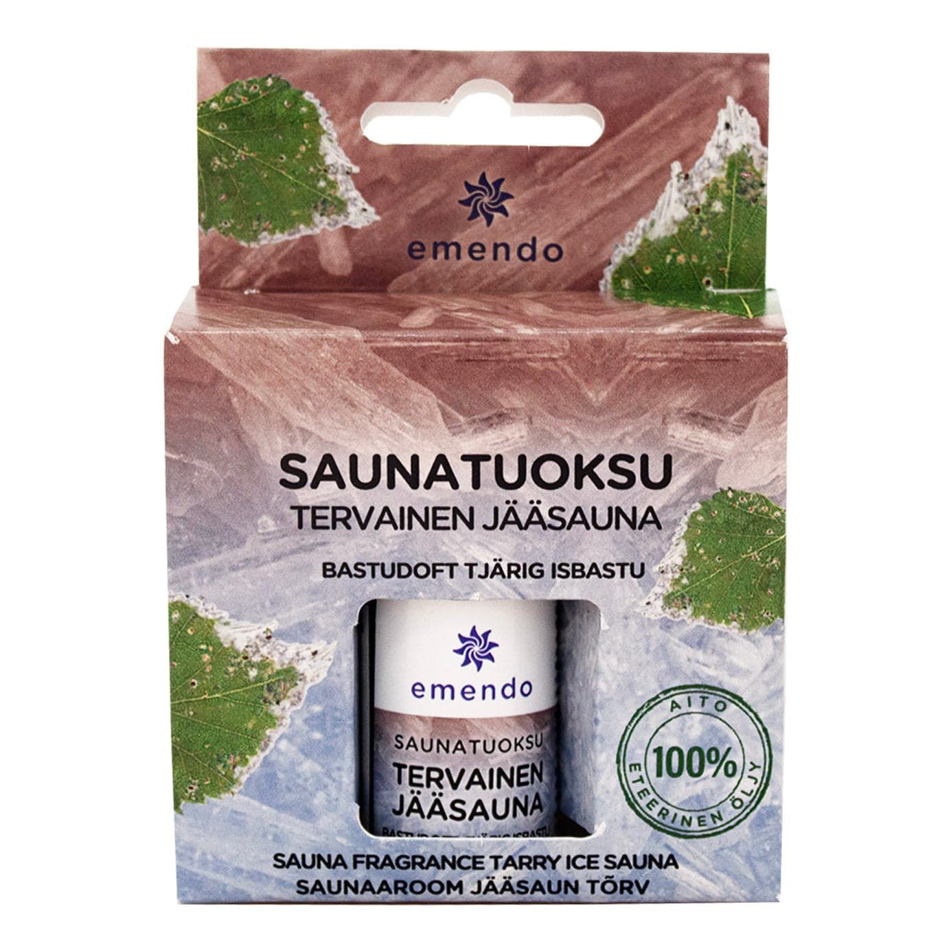 A box of Emendo Sauna Fragrance Tarry Ice features green birch leaf packaging, a small bottle inside, and text in Finnish, Swedish, and English. It highlights pine tar aromas, essential oils, and displays a green 100% genuine badge.