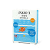 Eskio-3 Kids Chewable Omega-3 by Eskio-3 features an orange fish design, blue background, and icons for brain, heart, and vision. The box highlights vitamin D and contains 27 omega-3 gel tablets for kids.