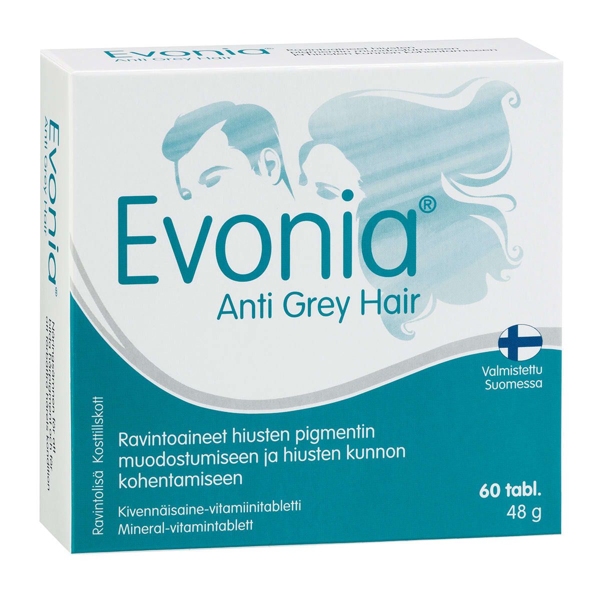 A box of Hankintatukku Evonia Anti Grey Hair tablets, a supplement for hair pigment and condition, comes in blue-white packaging with profiles of a man and woman. Contains 60 tablets (48g).