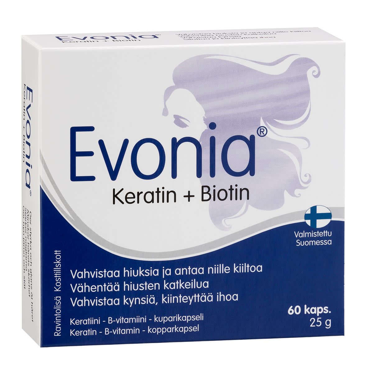 A box of Hankintatukku Evonia Keratin + Biotin contains 60 capsules for hair strengthening. The mainly white and blue packaging features Finnish text and an outline of a woman's head with flowing hair.
