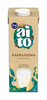 A 1-liter beige carton of Fazer Aito Oat Drink by Fazer, made from Nordic oats, is shown with green leaves, a glass of the plant-based vegan beverage, and text in Finnish and Swedish.