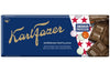 A Fazer American Lentils Milk Chocolate bar wrapper with blue and gold branding, red stars, chocolate pieces, and colorful candy-coated lentils. Text in Finnish, Swedish, and English describes this tasty treat.