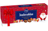 A red box of Fazer Christmas Chocolates Praline by Fazer, featuring festive patterns, a red bow, and a cartoon Santa Claus. The front shows chocolates and wrapped candies like gingerbread truffle chocolate.
