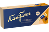 A box of Karl Fazer Creme Brûlée in Milk Chocolate, featuring a navy blue and beige design with gold lettering and an illustration of wrapped chocolate pieces.
