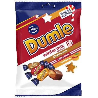 Fazer Dumle Winter Mix by Fazer is a limited-edition toffee candy featuring gingerbread and polka mini flavors in festive, colorful packaging with wrapped treats and caramel chocolate, perfect for holiday snacking.