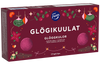 Fazer Glögg Jellies by Fazer come in a festive rectangular box with ornaments, flowers, and berries on a maroon background. Inside are 12 round, purple-red vegan and gluten-free jellies—perfect for the holidays.