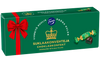 A green and red box of Fazer Green Jellies Praline by Fazer, featuring pear jelly-filled chocolates. The box is adorned with a red ribbon and gold crown graphic, with one unwrapped dark chocolate and one wrapped candy displayed to the right.