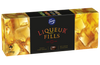 A rectangular box of Fazer Liqueur Fills Praline by Fazer features Finnish chocolate with a black center label, gold and red text, ice cube images on a golden background, and a net weight of 295g (10.4 oz).