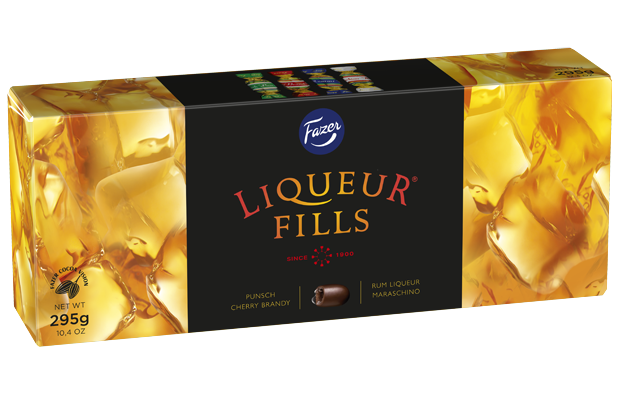 A rectangular box of Fazer Liqueur Fills Praline by Fazer features Finnish chocolate with a black center label, gold and red text, ice cube images on a golden background, and a net weight of 295g (10.4 oz).