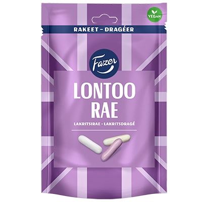 A purple resealable bag of Fazer London Drops by Fazer, a vegan licorice candy, features white and purple diagonal lines and images of three licorice pieces on the front.
