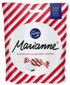 A bag of Fazer Marianne by Fazer, a gluten-free candy filled with Finnish peppermint chocolate. The packaging features red and white stripes, the Fazer logo, images of candies, and the text "Chocolate Filled Mint Candies.