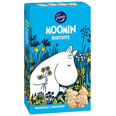 A blue box of Fazer Moomin Biscuit by Fazer, made in Finland, features a white Moomin character with flowers, colorful plants, two shaped biscuits in the lower right corner, and the text “MOOMIN BISCUITS.”.