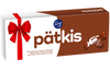 A white box of Fazer Pätkis Praline by Fazer features a red ribbon and bow graphic, with two unwrapped mint truffle chocolates covered in milk chocolate displayed on the right side.