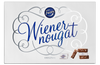 A large white package or box front for Faerzer Wienernougat, with ornate gray scrollwork, blue script text, a blue Faerzer logo at the top, and small photos of chocolate bars with white and brown wrappers near the bottom right.