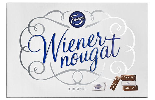 A large white package or box front for Faerzer Wienernougat, with ornate gray scrollwork, blue script text, a blue Faerzer logo at the top, and small photos of chocolate bars with white and brown wrappers near the bottom right.
