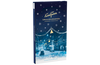 A tall rectangular Christmas advent calendar box by Karl Fazer, shown upright on a plain white background. The box is dark blue with white snowflakes, gold lettering, and a snowy street scene decorated with lights and bells on the front.