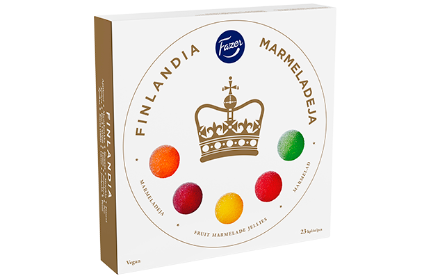 A white box of Fazer Finlandia Fruit Marmalade Jellies by Fazer, decorated with a gold crown and five colorful jellies on the front, and featuring text in Finnish and English.