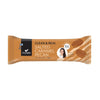A brown and beige Foodin Clean & Real Protein Bar Salted Caramel Pecan wrapper shows pecans, "19g protein" text, and a small photo of a smiling woman.