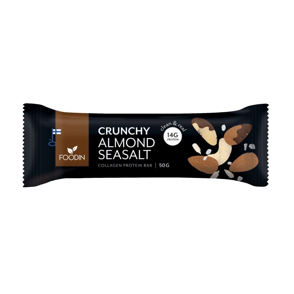 The black and white Foodin Collagen Protein Bar Crunchy Almond Seasalt wrapper features almond and cashew images, highlights 14g protein and 50g in white text, making it a high-protein snack.