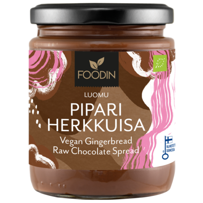 Foodin Gingerbread Hazelnut Raw Chocolate Spread features a brown, pink, and white label with the product name and organic certification—an ideal festive vegan treat for Christmas.