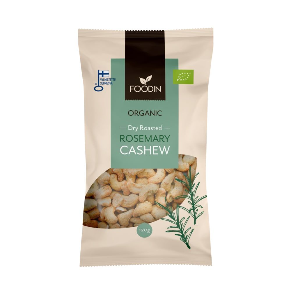 A beige and green 120g pack of Foodin Organic Rosemary Cashew displays rosemary roasted cashews and a rosemary sprig, with European organic certifications emphasizing this healthy Foodin snack.