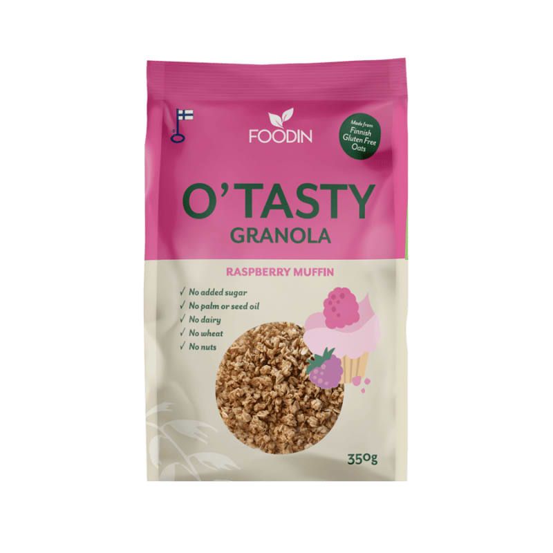 A pink and beige 350g bag of Foodin O`Tasty Kauragranola Raspberry Muffin by Foodin. The gluten-free granola has no added sugar or nuts, and the packaging features a cupcake illustration.