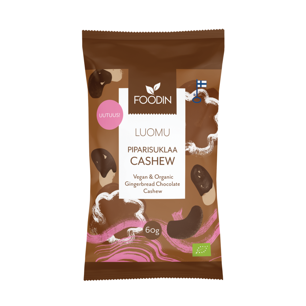 A brown and white Foodin bag labeled "Organic Gingerbread Chocolate Cashew" shows chocolate-covered cashews. This vegan Christmas snack features organic gingerbread-flavored chocolate cashews and weighs 60g.
