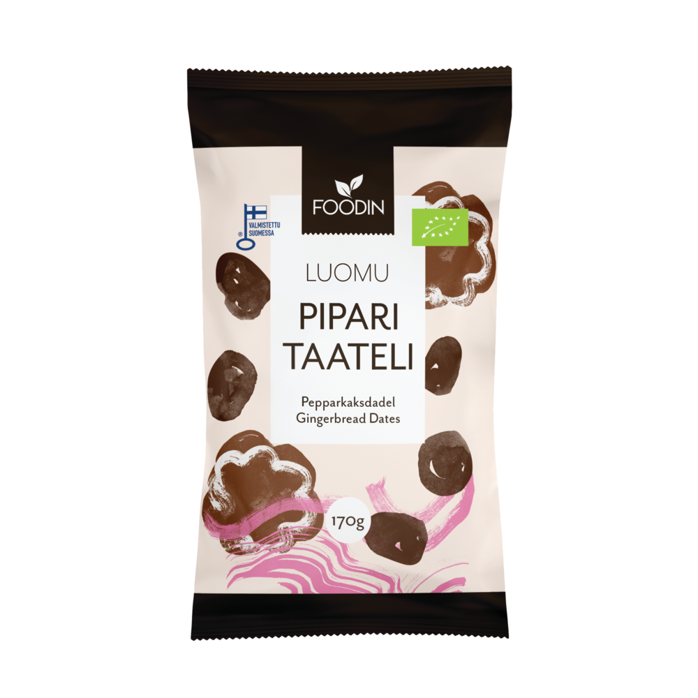 Enjoy Foodin Organic Gingerbread Dates—a 170g gluten-free snack with natural sweetness. The package features brown and pink graphics, organic Finnish origin label, and text in Finnish and English.