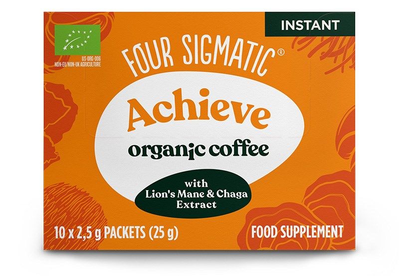 Four Sigmatic Instant Mushroom Coffee Lion’s Mane—an orange box from Four Sigmatic—features Lion’s Mane and Chaga extracts, labeled as a food supplement. Contains 10 packets (2.5g each).