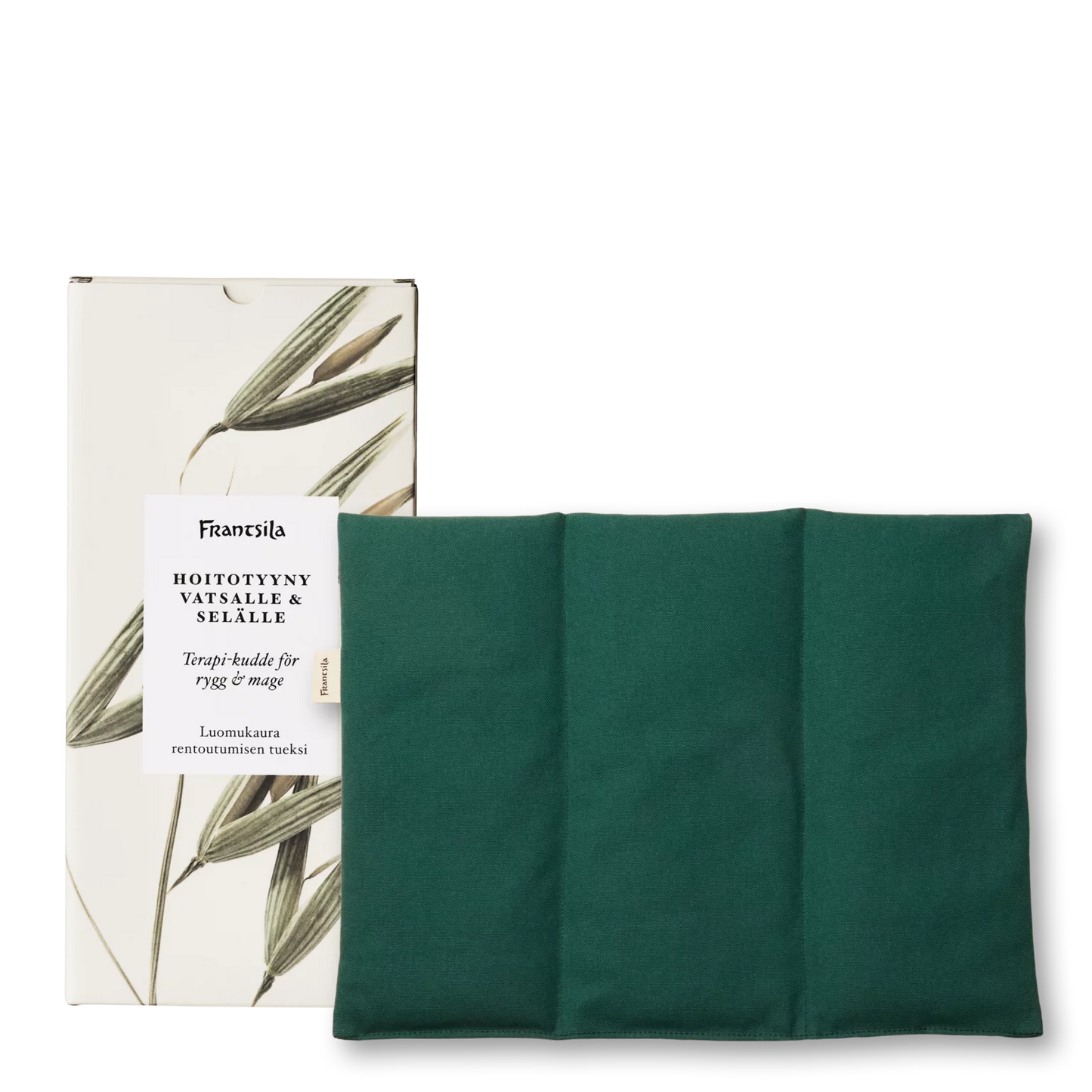 A rectangular green Frantsila Care Pillow for Back and Stomach by Frantsila, filled with organic oats, is shown beside a decorative box with botanical illustrations and bilingual text describing its heat therapy benefits.