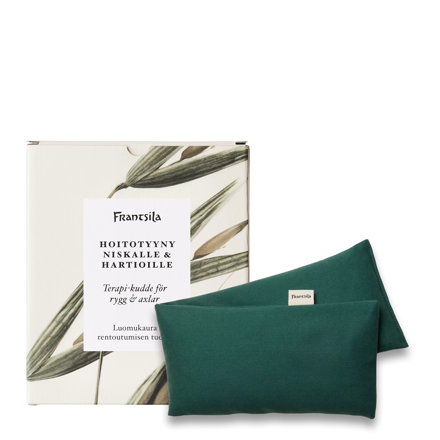 The Frantsila Care Pillow for Neck and Shoulders, an organic oat pillow in green, is displayed beside its box featuring botanical illustrations and Finnish and Swedish text about its neck and shoulder therapy use.