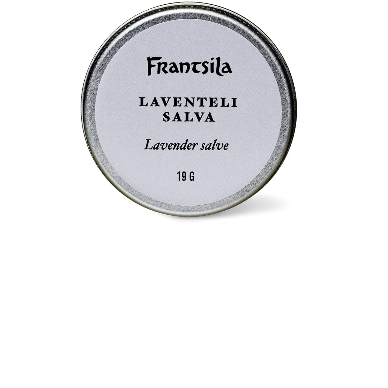 A Frantsila Lavender Salve tin (19g) sits on a white background, offering natural skincare by soothing irritated skin.