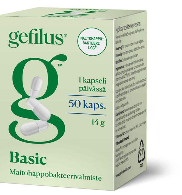 A green and white box of Gefilus Lactic Acid Basic, a gluten-free probiotic supplement by Gefilus with 50 daily capsules. The packaging has Finnish text and an image of capsules forming the letter "g.
