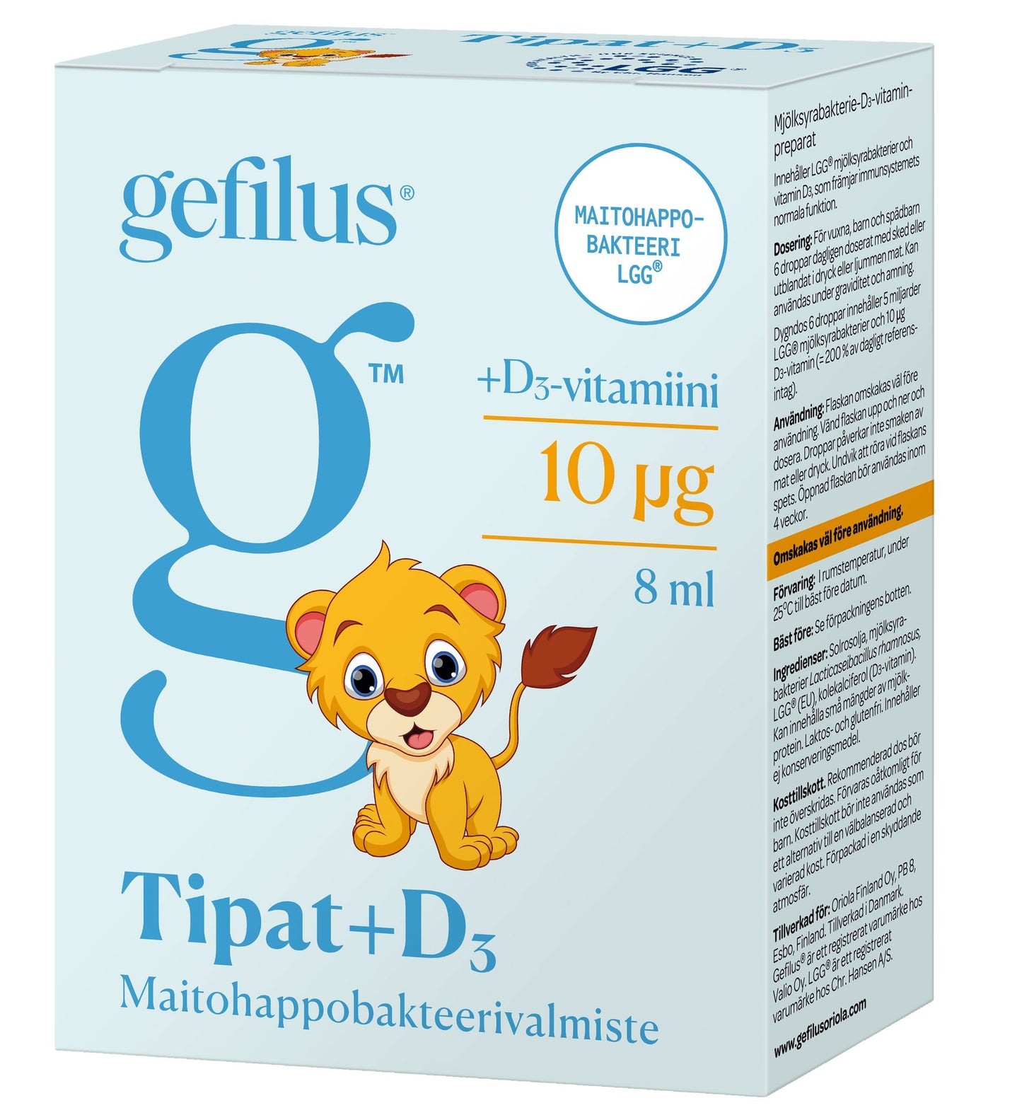 A box of Gefilus Lactic Acid Liquid + Vitamin D by Gefilus, with a cartoon lion cub, blue and orange text, and Finnish details. The packaging highlights vitamin D and Lactobacillus GG for infants.