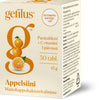 A box of Gefilus Lactic Acid + Vitamin C Orange chewable probiotic tablets features stacked orange images and Finnish product details on a cream background, providing immune support. Brand: Gefilus.