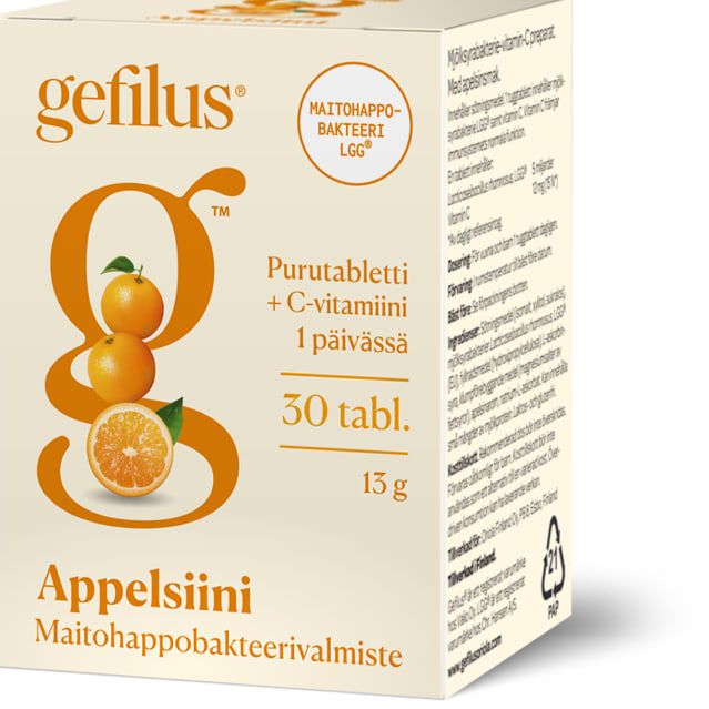 A box of Gefilus Lactic Acid + Vitamin C Orange chewable probiotic tablets features stacked orange images and Finnish product details on a cream background, providing immune support. Brand: Gefilus.